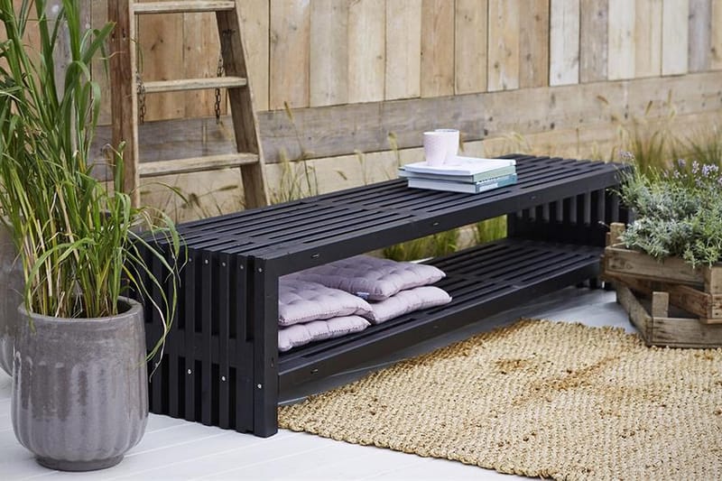 Rustik træbænk Design 218x49x45cm m/hylde - sort - Havemøbler - Havesofaer & bænke - Udendørs bænk & havebænk