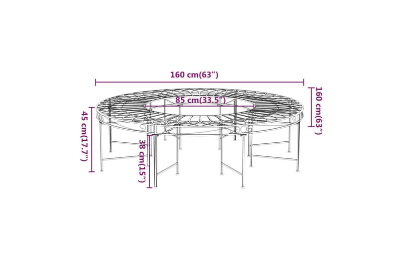 beBasic bænk til træ Ã˜160 cm rund stål sort - Sort - Udendørs bænk & havebænk