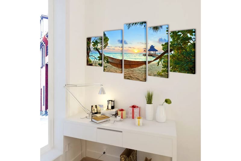 Kanvasbilledsæt Sandstrand Med Hængekøje 200 X 100 Cm - Flerfarvet - Havemøbler - Havesofaer & bænke - Hængekøjer
