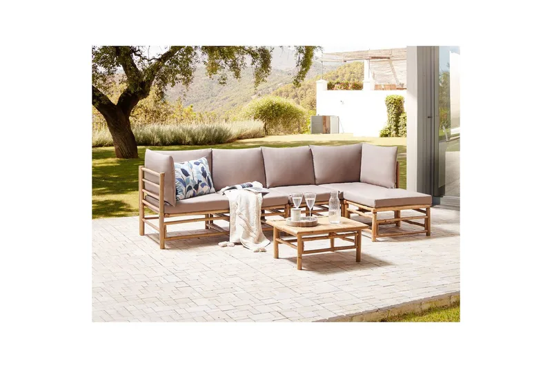 Hörnsoffa Beliani Cerreto Beige/ljust trä, 5-Sits Beige||Light wood - Havemøbler - Loungemøbler - Sofagrupper udendørs