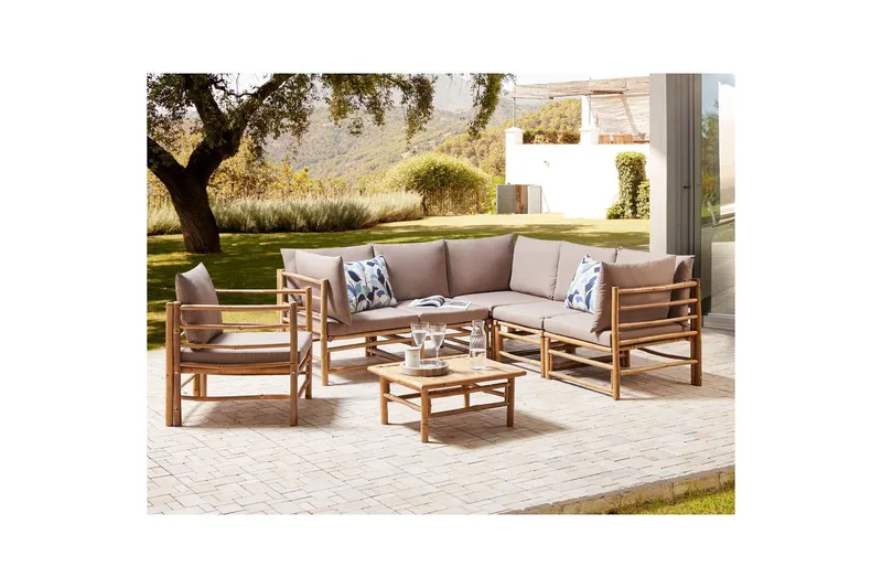 Hörnsoffa Beliani Cerreto Beige/ljust trä, 6-Sits Beige||Light wood - Havemøbler - Loungemøbler - Sofagrupper udendørs