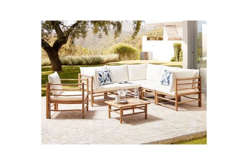 Hörnsoffa Beliani Cerreto Beige/ljust trä, 6-Sits White||Light wood - Havemøbler - Loungemøbler - Sofagrupper udendørs