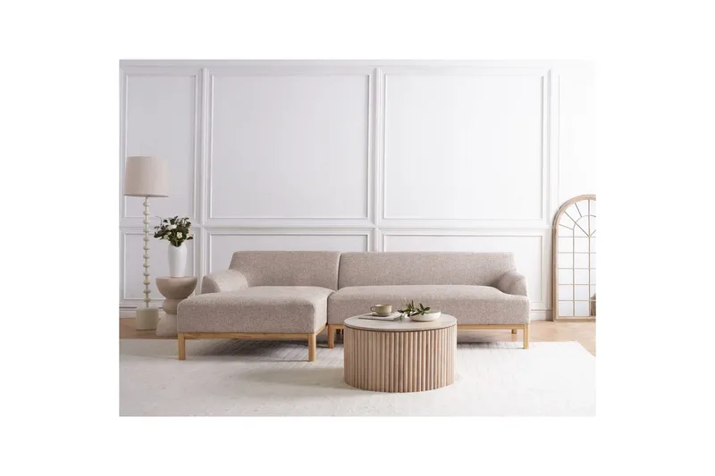 Hörnsoffa Beliani Sosjo Beige, ljust trä, Högervänd Brown||Light colored wood Left-faced - Møbler - Sofaer - Hjørnesofa - Hjørnesofa med chaiselong