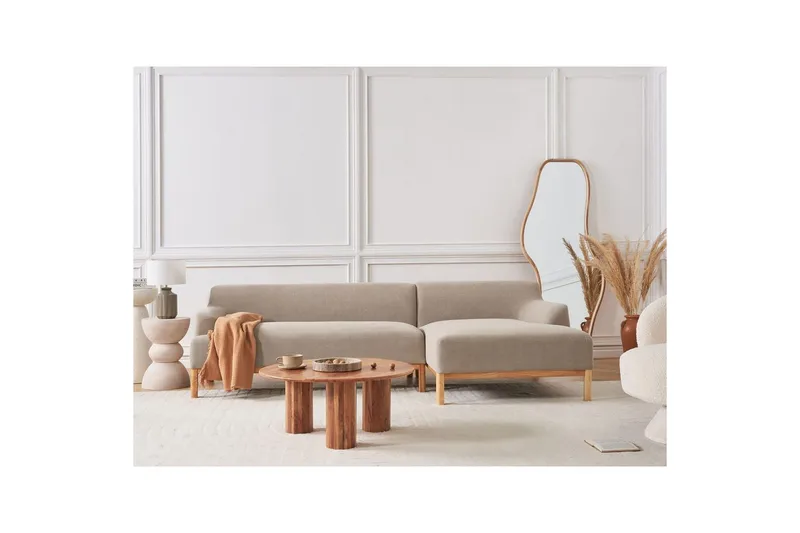 Hörnsoffa Beliani Sosjo Beige, ljust trä, Högervänd Taupe Right-faced - Møbler - Sofaer - Hjørnesofa - Hjørnesofa med chaiselong