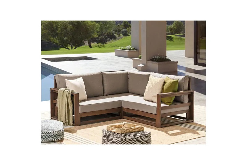 Hörnsoffa Beliani Timor Ljus trä/grått/beige, Ja Dark wood||Grey||Beige - Havemøbler - Havesofaer & bænke - Havesofaer