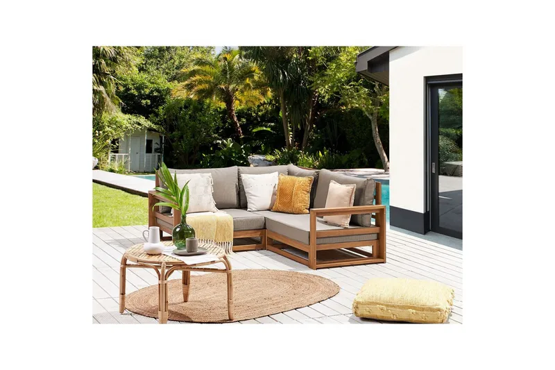 Hörnsoffa Beliani Timor Ljus trä/grått/beige, Ja Light wood||Grey||Beige - Havemøbler - Havesofaer & bænke - Havesofaer