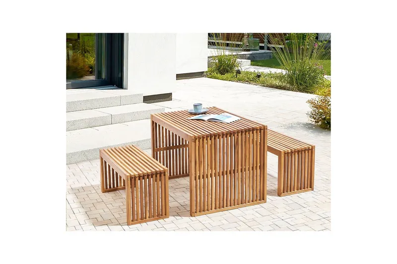 Set med 2 trädgårdsbänkar Beliani Sulzano Light wood - Havemøbler - Havesofaer & bænke - Udendørs bænk & havebænk