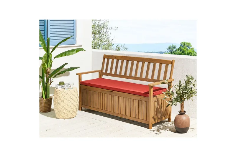 Trädgårdsbänk med dyna Beliani Sovana Ljus trä/beige/grå, 160 cm Light wood||Red - Havemøbler - Havesofaer & bænke - Udendørs bænk & havebænk