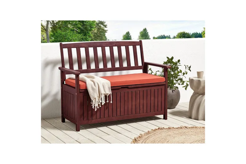 Trädgårdsbänk med dyna Beliani Sovana Mörk trä/vit, 120 cm Brown||Red - Havemøbler - Havesofaer & bænke - Udendørs bænk & havebænk