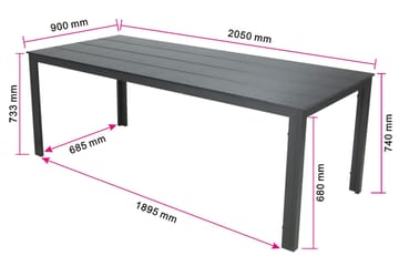 Tunis spisebord til udendørsbrug 205x90 cm rektangulært - Sort/Sort - Havemøbler - Havebord - Spisebord & havebord