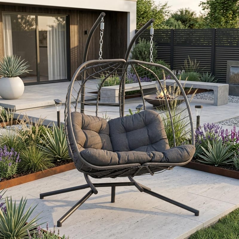 Hængestol HOME4YOU Finse 2-personers 142x106x194 cm mørkegrå - mørkegrå - Havemøbler - Havestole - Hængestol - Hængestol på stativ