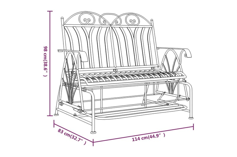 beBasic 2-personers bænk m. gyngefunktion 114 cm stål sort - Sort - Havegyngestol