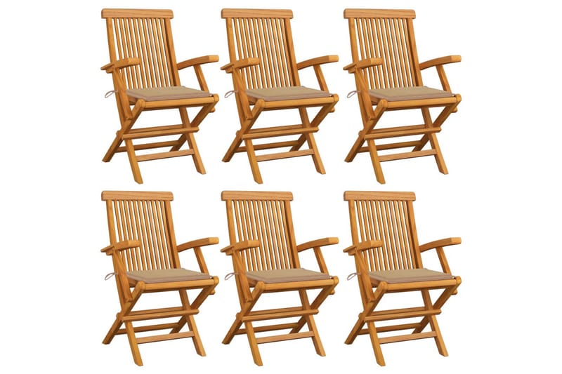 Havestole med beige hynder 6 stk. massivt teaktræ - Beige - Havemøbler - Havestole - Positionsstole