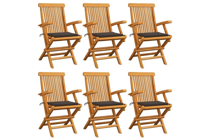 Havestole med gråbrune hynder 6 stk. massivt teaktræ - Gråbrun - Havemøbler - Havestole - Positionsstole