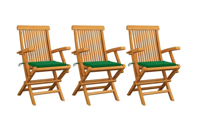 Havestole med grønne hynder 3 stk. massivt teaktræ - Grøn - Positionsstole