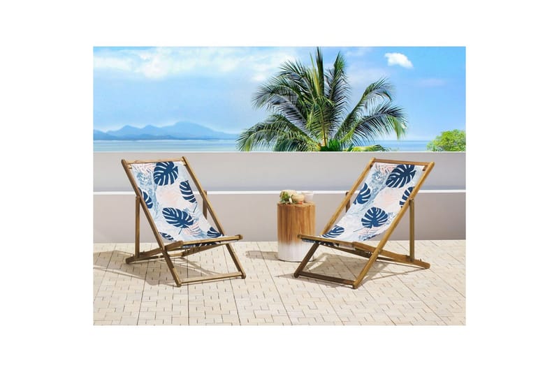 Solseng sæt á 2 Anzio - lyst træ/off-white/blå palmebladsmønster - Havemøbler - Havestole - Solstole