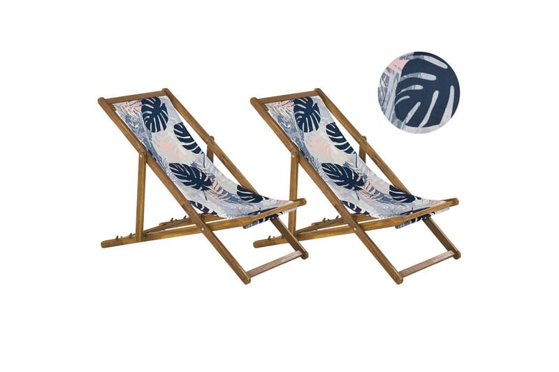 Solseng sæt á 2 Anzio - lyst træ/off-white/blå palmebladsmønster - Havemøbler - Havestole - Solstole