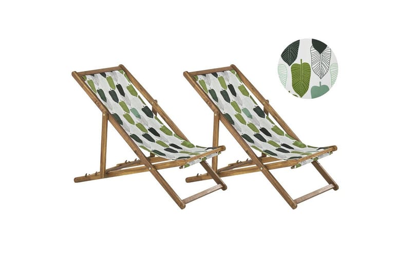 Solseng sæt á 2 Anzio - lyst træ/off-white/grøn løvmønster - Havemøbler - Havestole - Solstole