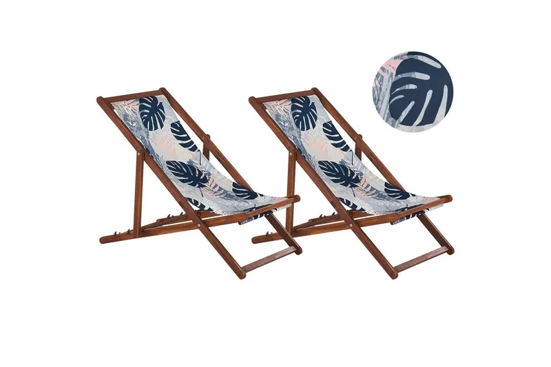 Solseng sæt á 2 Anzio - mørkt træ/off-white/blåt palmebladsmønster - Havemøbler - Havestole - Solstole