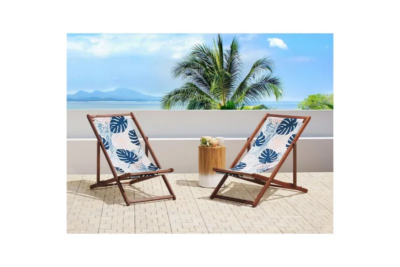 Solseng sæt á 2 Anzio - mørkt træ/off-white/blåt palmebladsmønster - Havemøbler - Havestole - Solstole