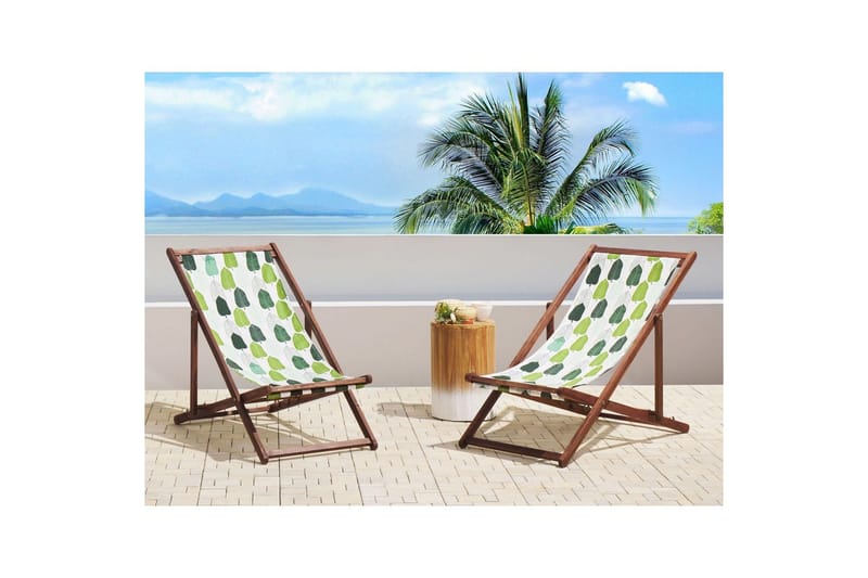 Solseng sæt á 2 Anzio - mørkt træ/off-white/grønt løvmønster - Havemøbler - Havestole - Solstole