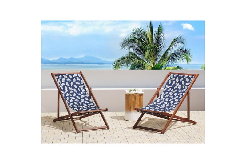 Solseng sæt á 2 Anzio - mørkt træ/off-white/marineblåt blomster mønster - Havemøbler - Havestole - Solstole