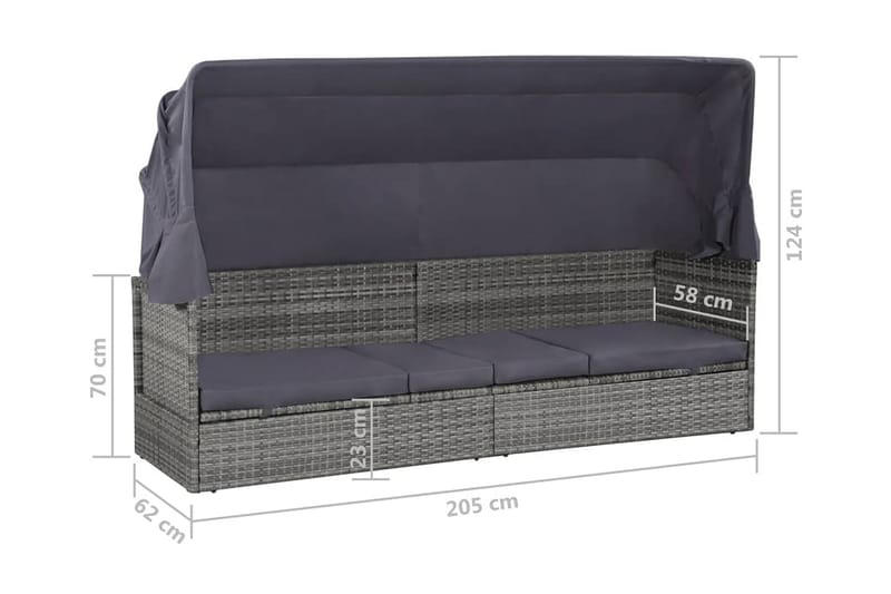 Solseng Med Baldakin Brun 205 X 62 Cm Polyrattan - Grå - Havemøbler - Havestole - Solseng & solvogn