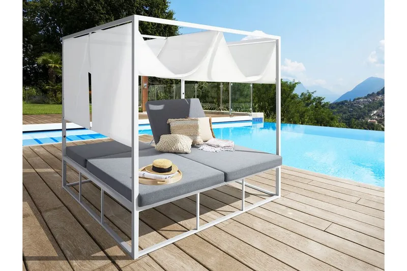 Solseng med Sengehimmel hvid/grå PALLANZA - Hvid - Havemøbler - Havestole - Solseng & solvogn