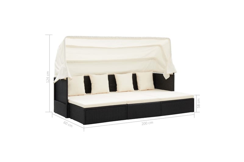 Solseng Til Haven m. Baldakin 200X60X124cm Polyrattan Sort - Havemøbler - Havestole - Solseng & solvogn