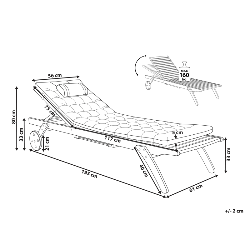 Solseng udendørs med pude Cesana Premium akacietræ - Brun/Grå - Havemøbler - Havestole - Solseng & solvogn
