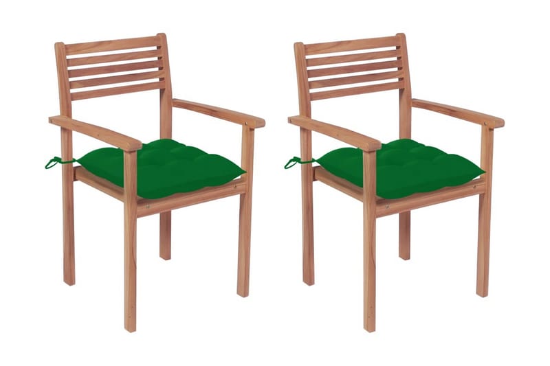 Havestole 2 Stk. Med Grønne Hynder massivt teaktræ - Spisebordsstole udendørs - Altanstole