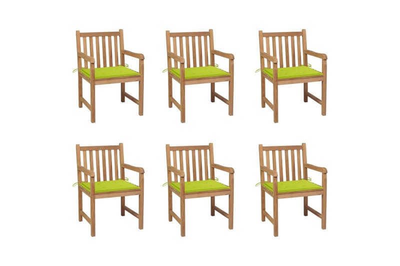havestole 6 stk. med lysegrønne hynder massivt teaktræ - Spisebordsstole udendørs - Altanstole