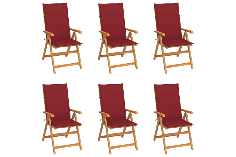 havestole 6 stk. med vinrøde hynder massivt teaktræ - Rød - Spisebordsstole udendørs - Altanstole