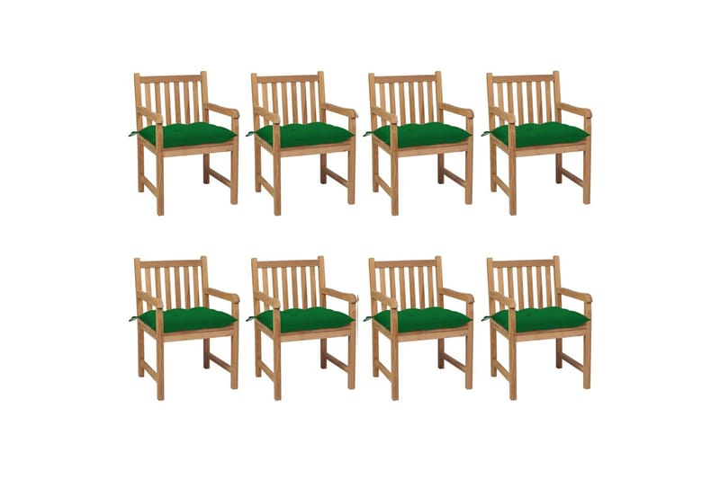 havestole 8 stk. med grønne hynder massivt teaktræ - Brun - Spisebordsstole udendørs - Altanstole