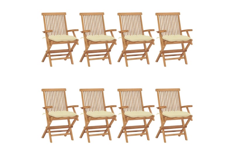 havestole med cremehvide hynder 8 stk. massivt teaktræ - Brun - Spisebordsstole udendørs - Altanstole