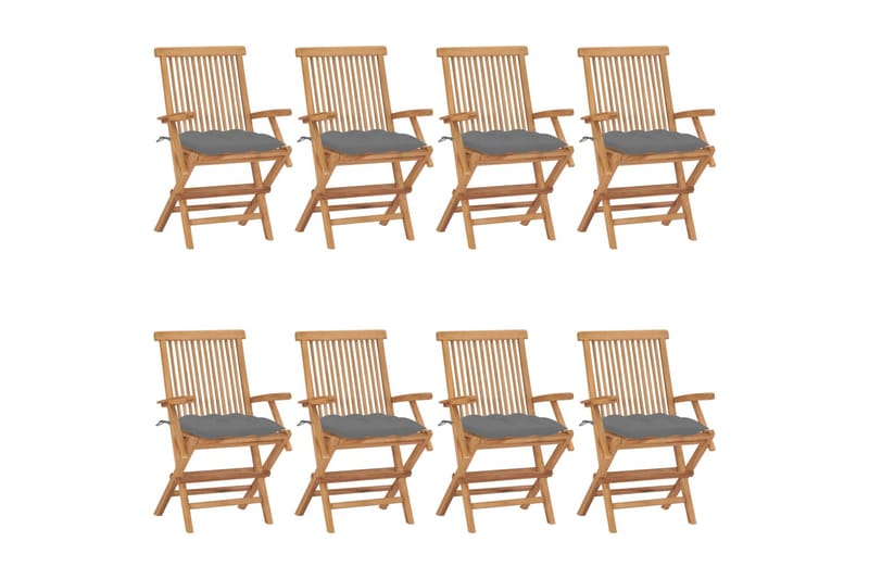 havestole med grå hynder 8 stk. massivt teaktræ - Brun - Spisebordsstole udendørs - Altanstole