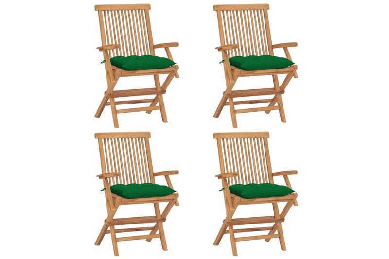 Havestole Med Grønne Hynder 4 Stk. massivt teaktræ - Grøn - Spisebordsstole udendørs - Altanstole