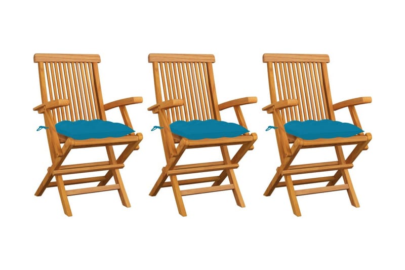 havestole med lyseblå hynder 3 stk. massivt teaktræ - Blå - Spisebordsstole udendørs - Altanstole