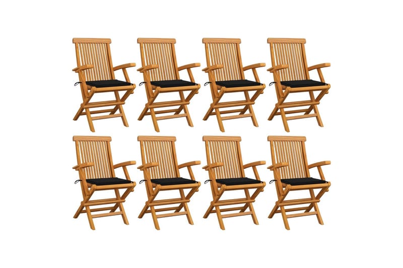 havestole med sorte hynder 8 stk. massivt teaktræ - Brun - Havemøbler - Havestole - Spisebordsstole udendørs