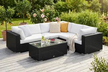 Bahamas L-formet udendørs sofa højre, 6-pers med bord - Sort - Havemøbler - Loungemøbler - Sofagrupper udendørs