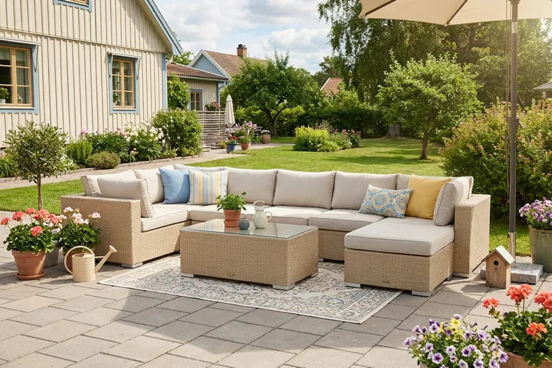 Bahamas U-formet udendørs loungegruppe 7-pers med vendbar divan og bord - Beige - Havemøbler - Loungemøbler - Sofagrupper udendørs