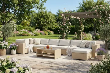 Bahamas U-formet udendørs loungegruppe 8-pers med vendbar divan og bord med hylde - Beige - Havemøbler - Loungemøbler - Sofagrupper udendørs