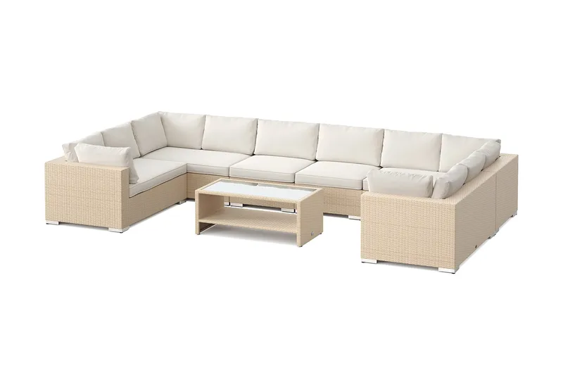 Bahamas U-formet udendørs loungegruppe med lukket afslutning, 10-pers med bord og hylde, Beige