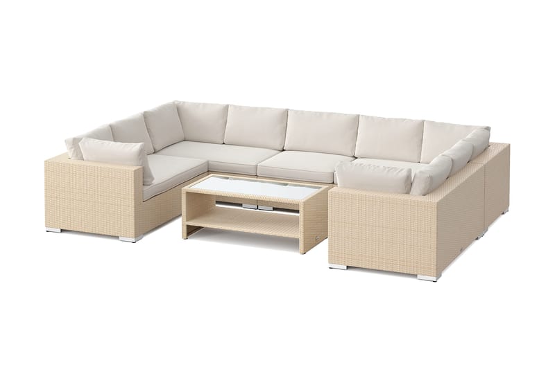 Bahamas U-formet udendørs loungegruppe med lukket afslutning, 9-pers med bord og hylde, Beige