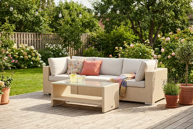 Bahamas udendørs sofa 3-pers med bord og hylde - Beige - Havemøbler - Loungemøbler - Sofagrupper udendørs