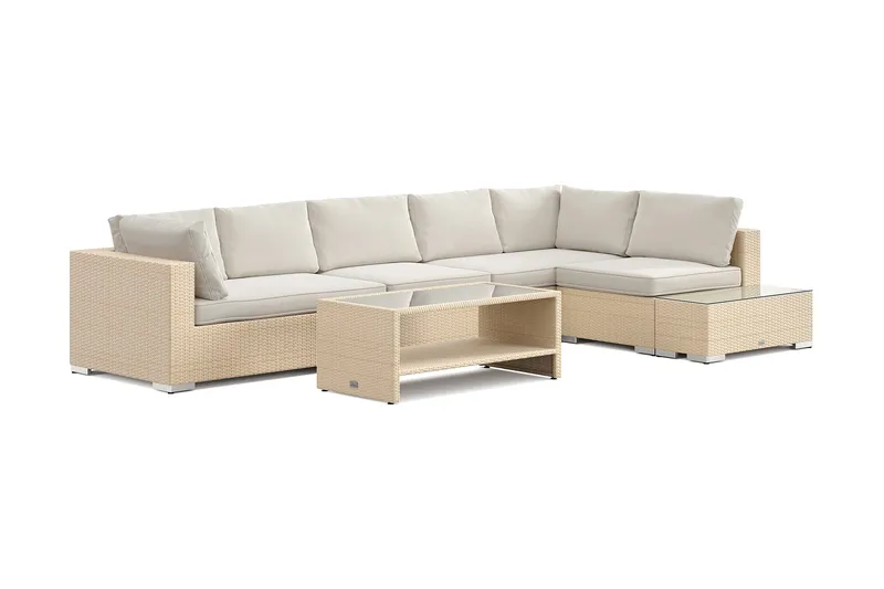 Bahamas udendørs sofa 6-pers vendbar chaiselong med afslutning og bord med hylde, Beige