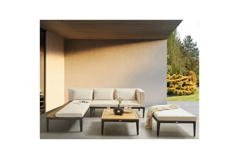 Loungegrupp med fotpall Beliani Bracciano 3-Sits Beige||Light wood||Black - Havemøbler - Loungemøbler - Sofagrupper udendørs