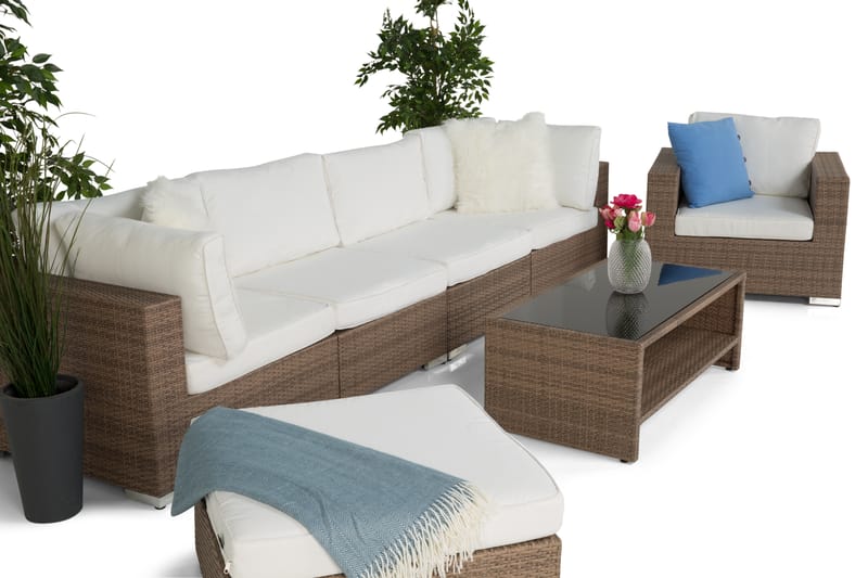 Bahamas Loungesæt 6 Personers+Bord m. Hylde - Polyrattan Sand - Altanmøbler - Sofagrupper udendørs - Loungesæt