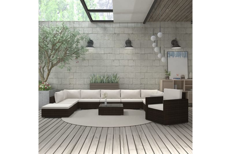 Haveloungesæt 11 dele med hynder polyrattan brun - Brun - Altanmøbler - Sofagrupper udendørs - Loungesæt