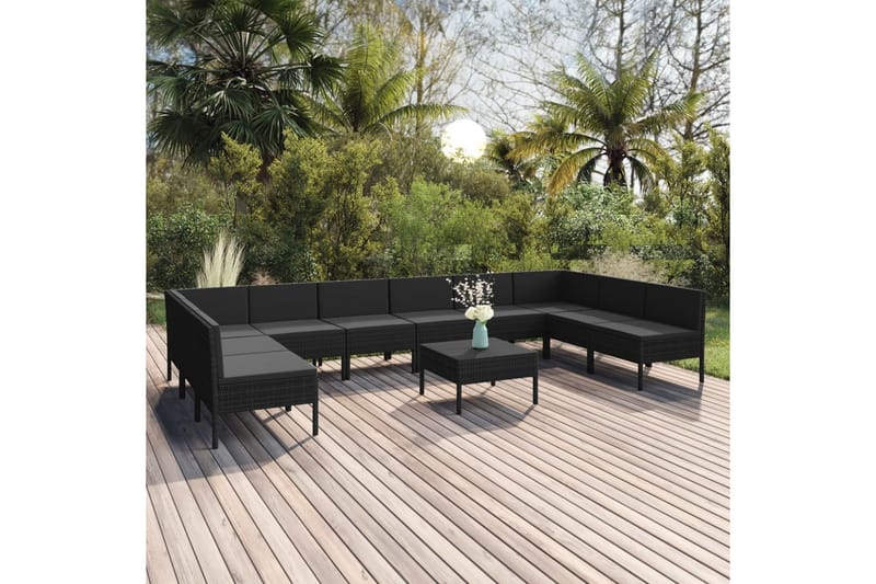 haveloungesæt 11 dele med hynder polyrattan sort - Sort - Havemøbler - Loungemøbler - Loungesæt